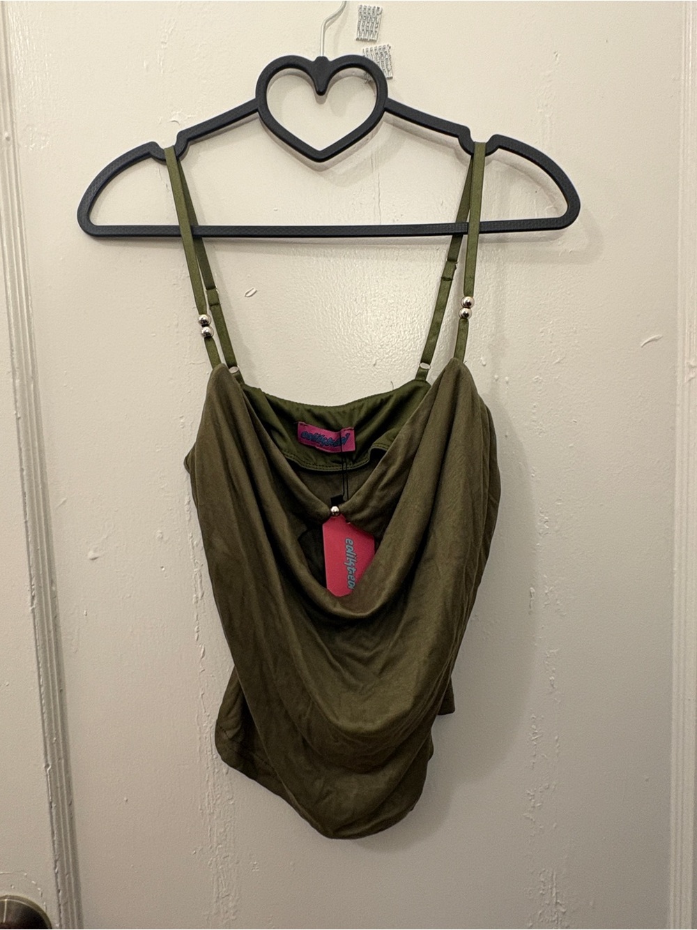 Ediktd Olive Green Cowl Neck Spaghetti Strap Beaded Cut-out Top